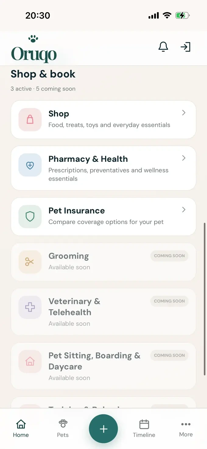 Oruqo shop and services screen